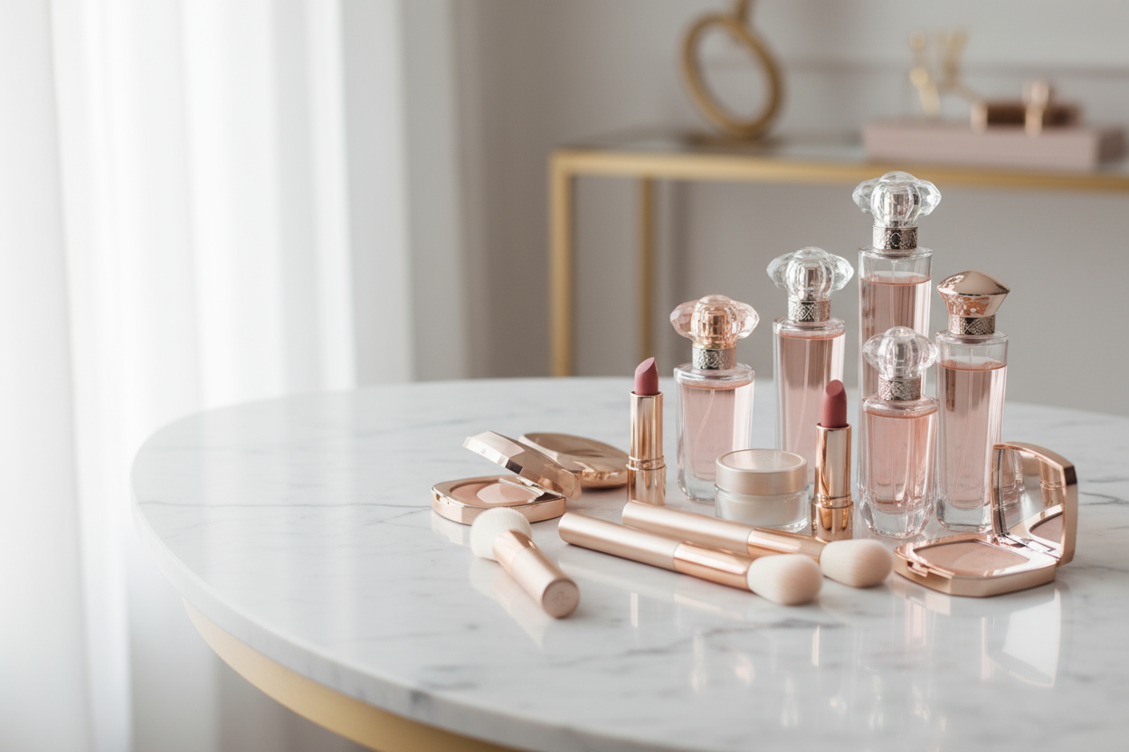 generate an image fitted for a newsletter modal, for a store selling fragrances and makeup